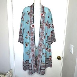 LIVE TO BE SPOILED AQUA FLORAL SEMI-SHEER KIMONO JACKET POP-OVER COVER-UP SIZE S
